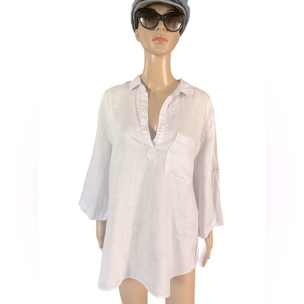 Side Stitch Tunic Womens XL 100% Linen Collared Roll-Tab Sleeves Pullover Top